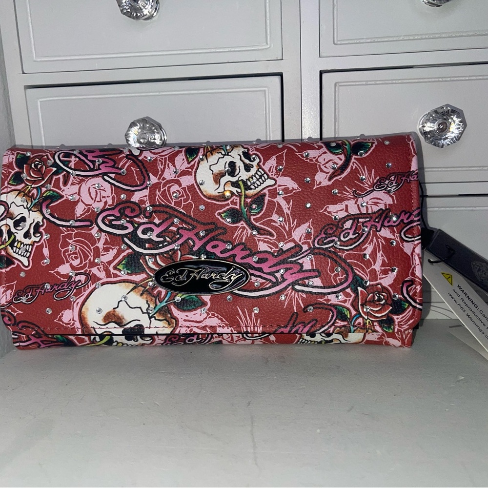 NWT Ed Hardy Skull and Rose Red Wallet